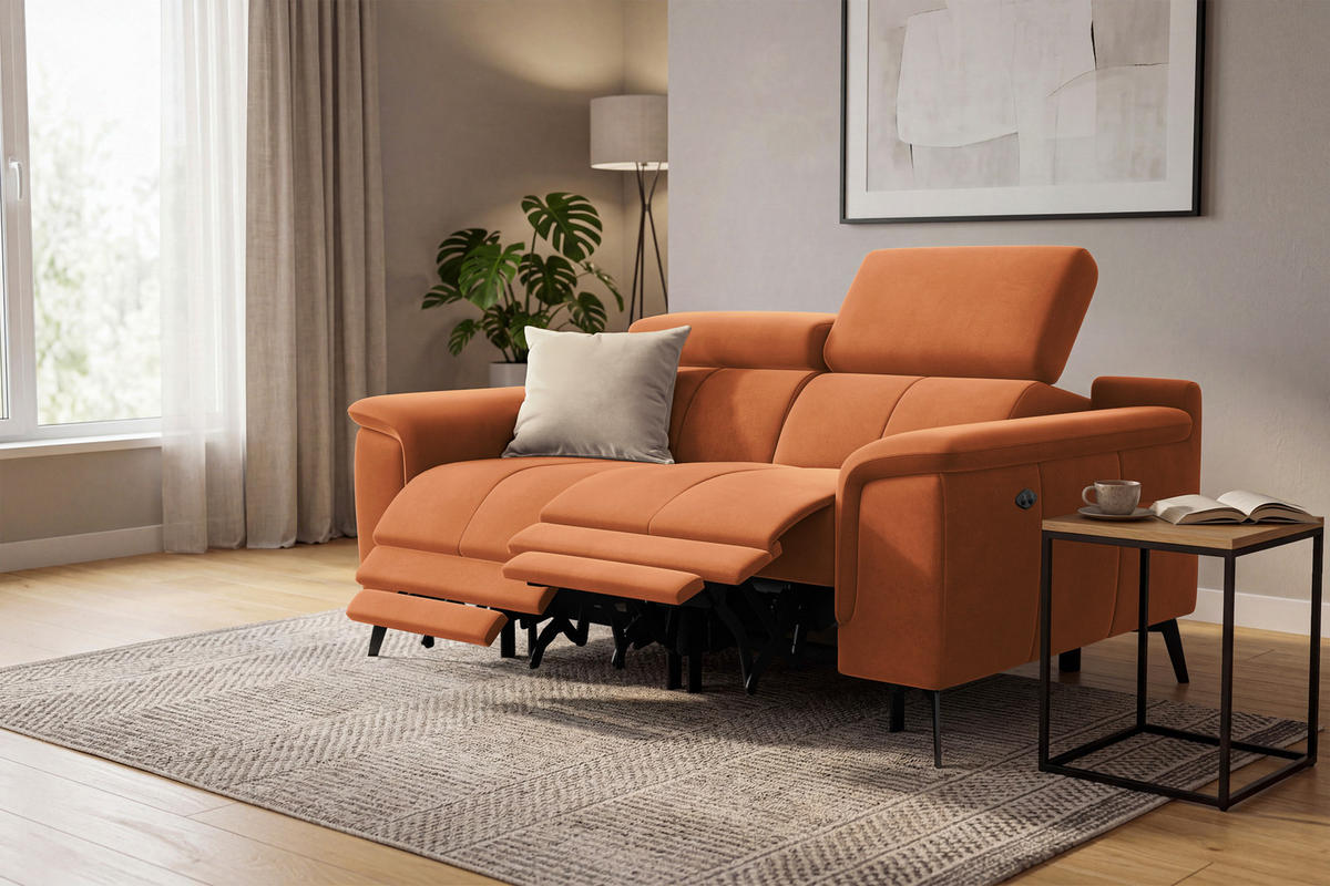 SOFA RELAX FIERO 2-Sitzer, Oranger Veloursstoff - Schwarz/Orange, Holz/Textil (170/82/103cm) - Courtois Laville