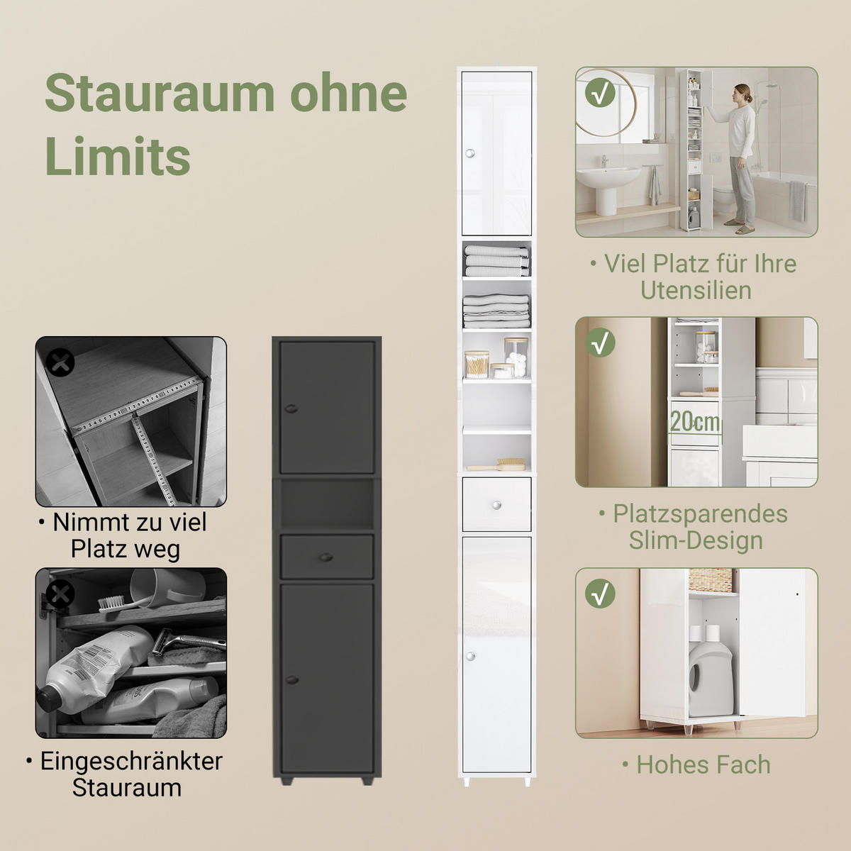 HOCHSCHRANK Weiß, Badezimmerschrank schmal 20x20x180 cm - Silberfarben/Weiß, Holzwerkstoff (20/180/20cm) - SoBuy