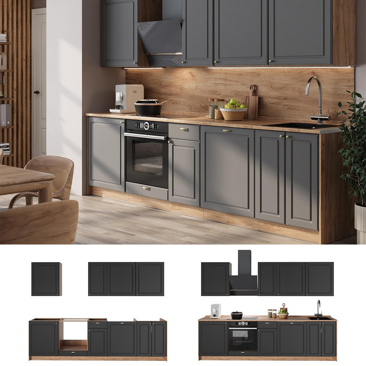 KÜCHENZEILE Fame-Line, Anthrazit-Gold Landhaus/Goldkraft Eiche, 280 cm ohne Arbeitsplatte - Honigeiche/Anthrazit, Holzwerkstoff (280/206.8/51.6cm) - Vicco