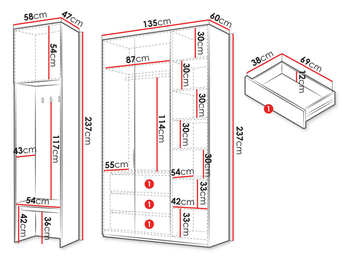 GARDEROBE-SET Soreno II - Eichefarben/Beige, Holzwerkstoff/Kunststoff (193/237/60cm) - MIRJAN24