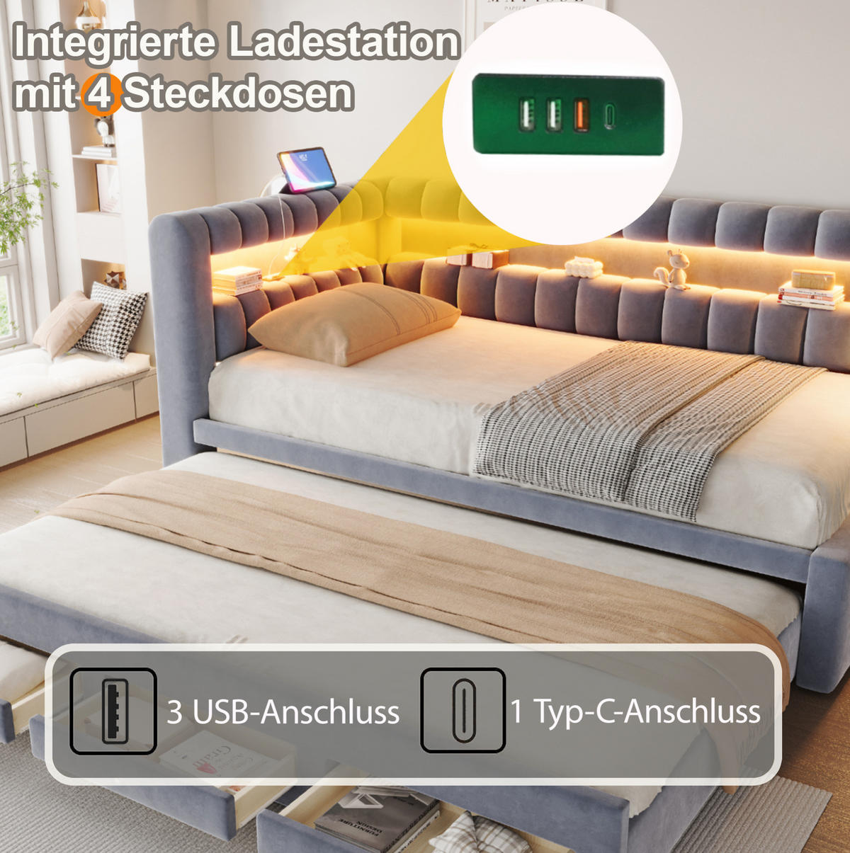 POLSTERBETT Schlafsofa aus Samt 90x190 cm Dunkelgrau mit Ausziehbett, Schubladen, LED und USB-/Typ-C-Anschlüssen - Grau, Textil (90/190cm) - Modfu
