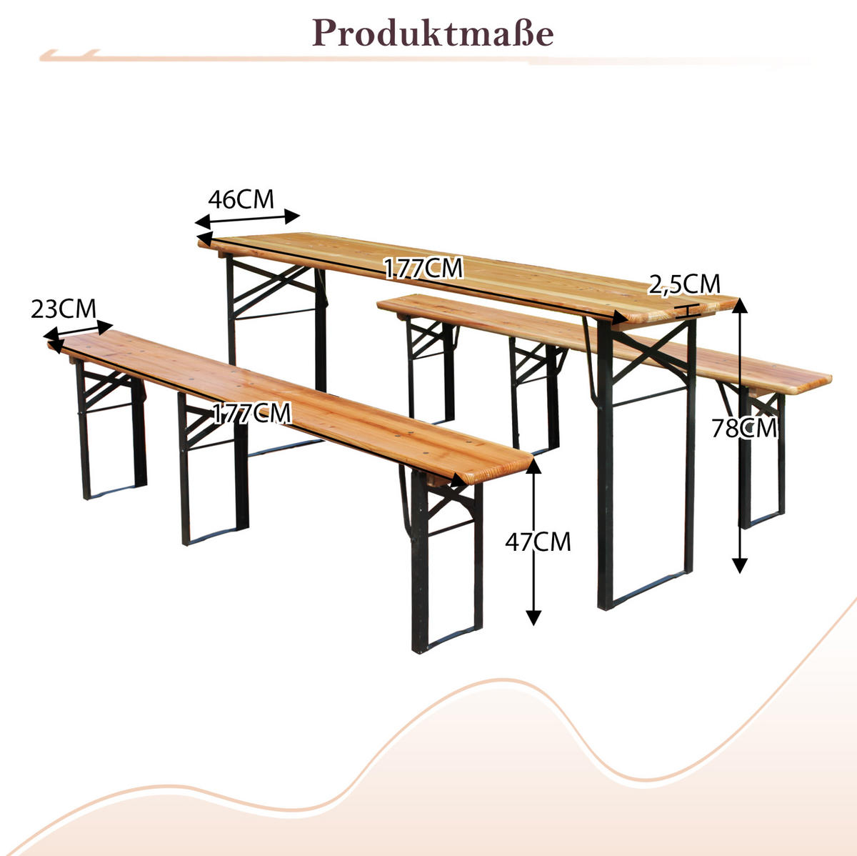 BIERGARNITUR 177x46x78cm braun aus Kiefer-Massivholz, klappbar - Braun, Metall - Modfu