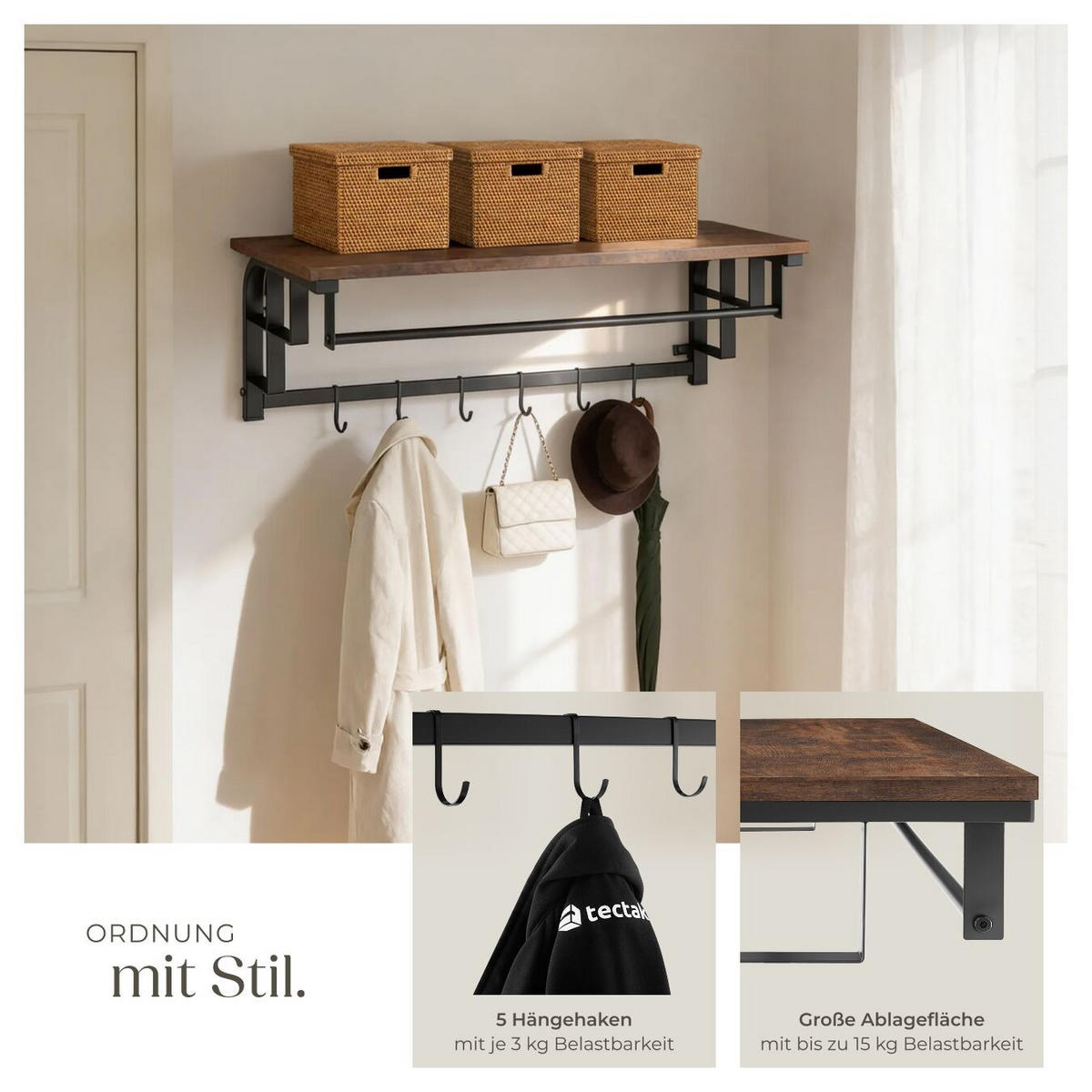 WANDGARDEROBE Westwood, 66 x 30 x 27 cm, Industrial Holz dunkel, rustikal - Rostfarben, Holz (66/27/30cm) - tectake