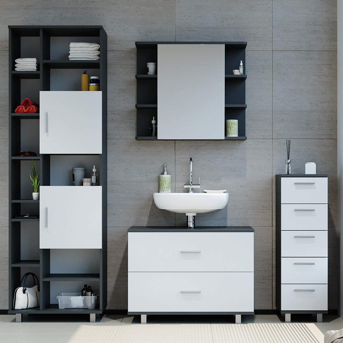 BADMÖBEL-SET Ilias Weiß/Anthrazit 4 Teile, mit Hochschrank - Anthrazit/Weiß, Holzwerkstoff (80.2/60.8/33cm) - Vicco
