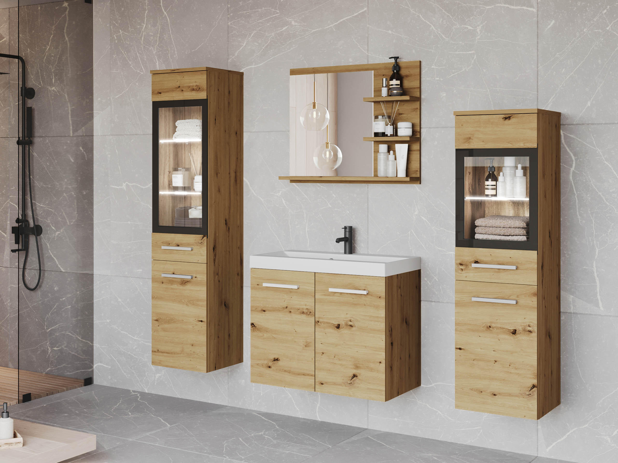 BADMÖBEL-SET Madrit I mit weißer LED Beleuchtung - Eiche Artisan, Holzwerkstoff (30/132/30cm) - MIRJAN24