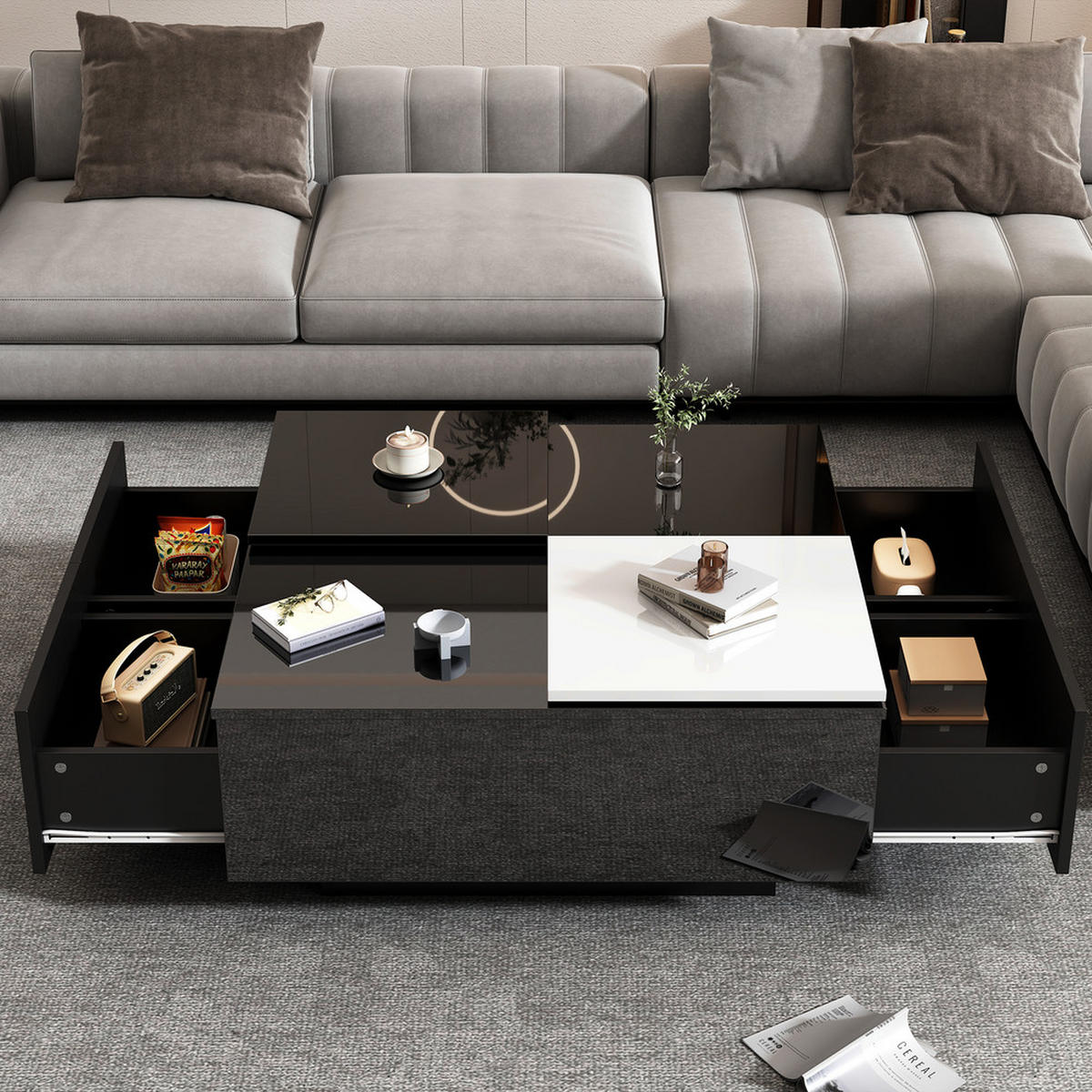 COUCHTISCH 75x75cm Schwarz Hochglanz Quadratisch Weiß Einschiebeplatte 30kg - Weiß, Holz (85.85/85.85/13.97cm) - FLIEKS