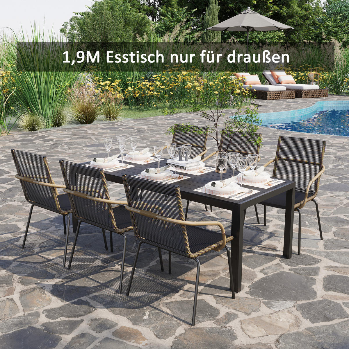 GARTENTISCH 190/84,5/72 cm mit wetterfester Tischplatte und Aluminiumgestell in Holzoptik, Schwarz - Schwarz, Metall (190/84.5/72cm) - Redom