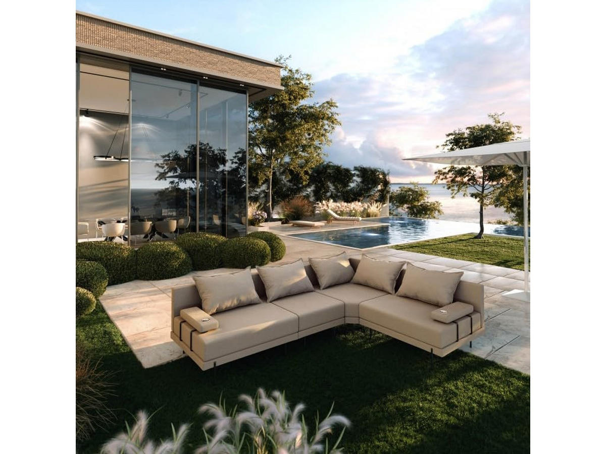 GARTENSOFA BAHAMA M - Rechts - Wetterfeste Balkonmöbel & Terrassenmöbel Außen - Moderne Lounge Möbel für Garten - Balkon & Terrasse - Beige - Beige, Kunststoff (298/75/222cm) - Trada