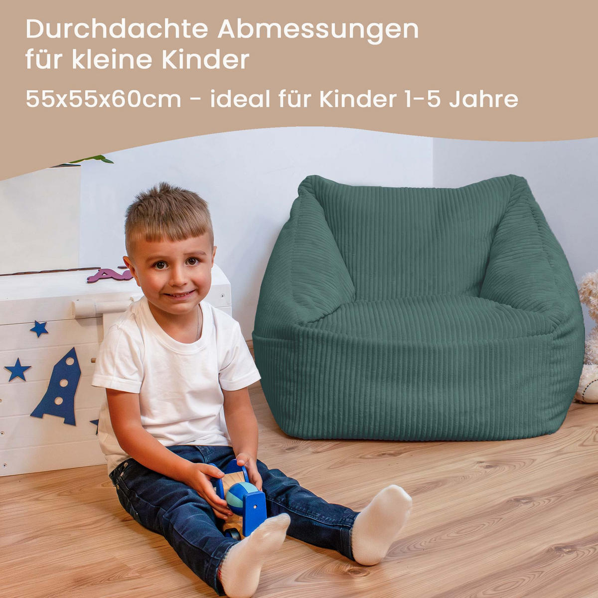 SITZSACK-SESSEL Bambino 55/60/55 cm, weicher Cord 380 g/m², mit Griff & Seitentasche, Meeresblau - Blau, Textil (55/55/60cm) - Dreamroots