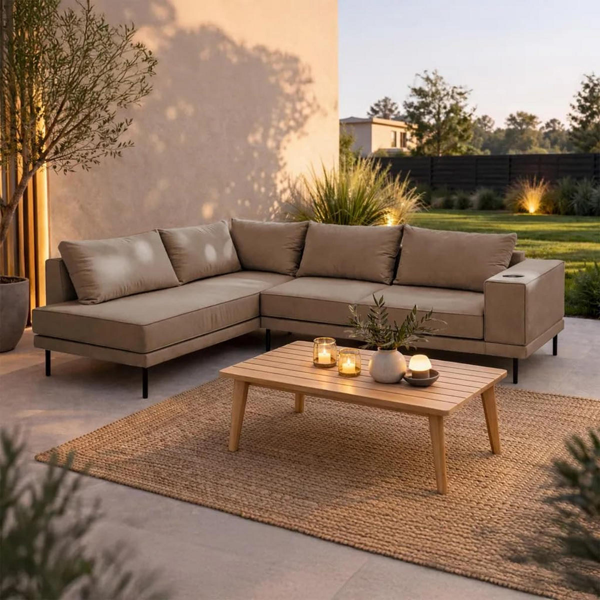 GARTEN-ECKSOFA VOLARO S Wetterfest 270x200x50 cm, Links, Outdoor-Stoff, Getränkehalter aus Metall, 20 cm hohe Füße, Beige - Beige, Holz/Metall (200/50/270cm) - Trada