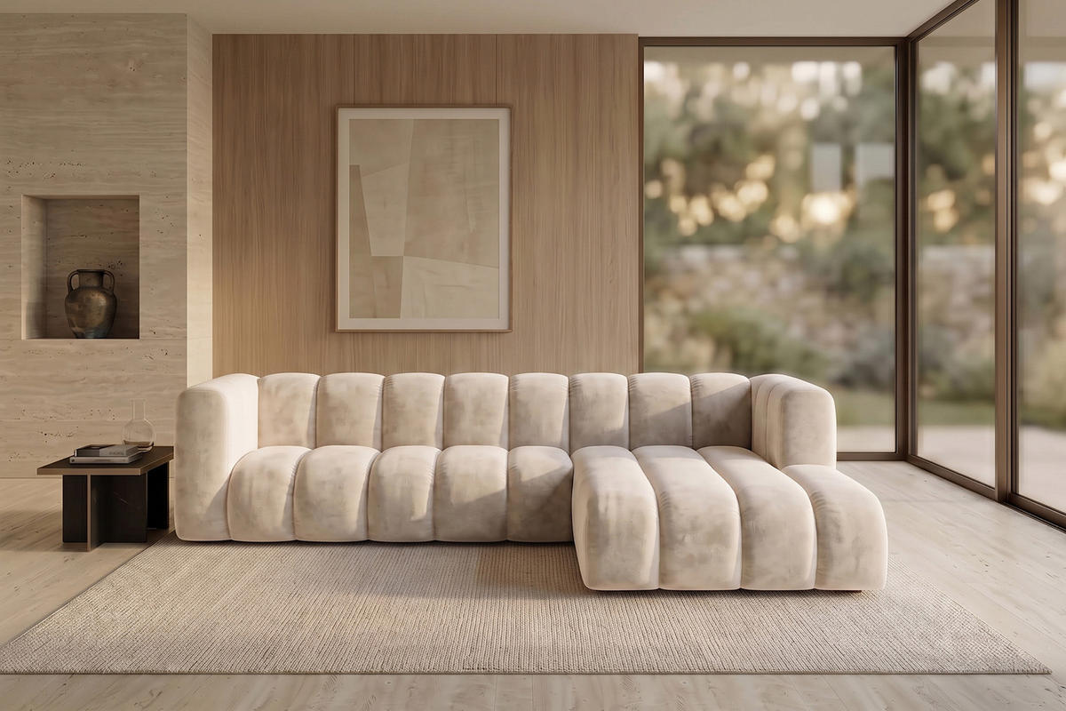 ECKSOFA Modulares In L-Form, Velvet-Stoff Riviera, Ecru, Rechts, GRAND 287 cm - Creme, Holz (287/179cm) - Kaiser Möbel