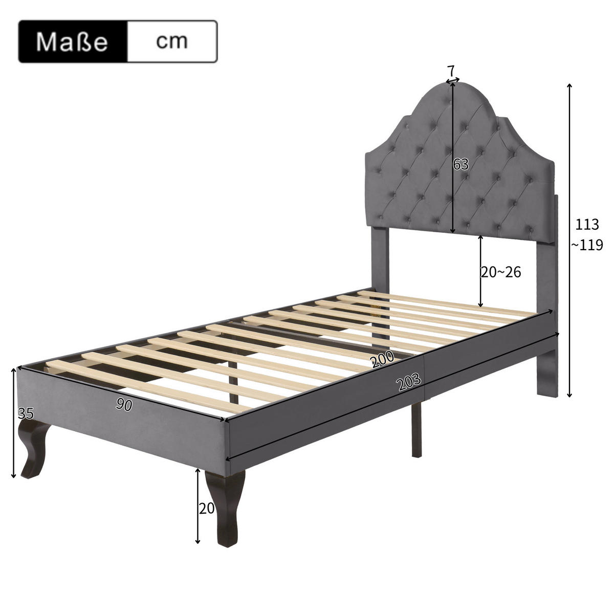 POLSTERBETT 90/200 cm grau mit höhenverstellbarem Kopfteil und Lattenrost - Grau, Textil (90/200cm) - OKWISH