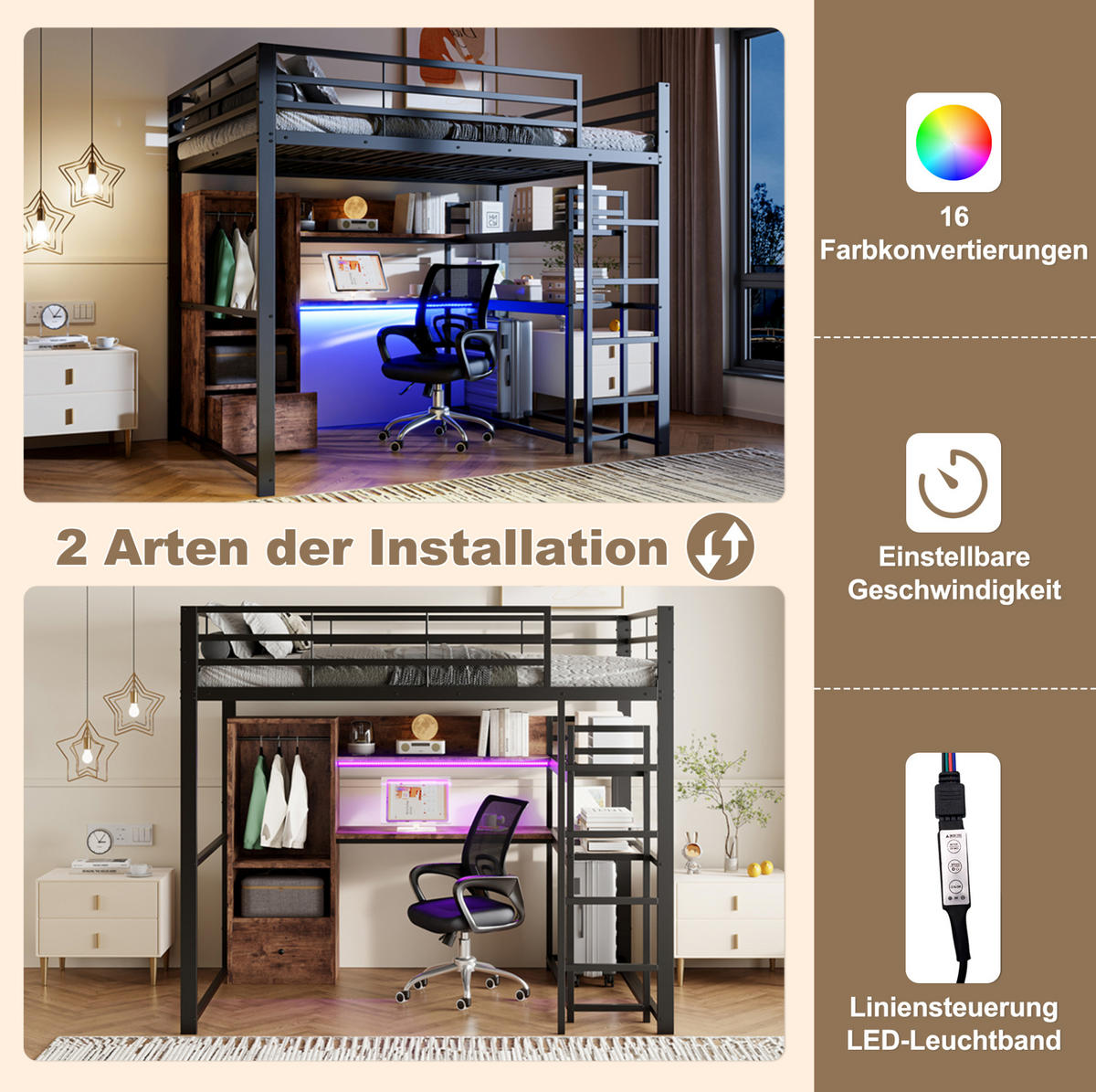 HOCHBETT 140/200 cm mit LED-Beleuchtung, Schreibtisch, Schublade und Regalen aus Metall und MDF, Schwarz - Schwarz, Holzwerkstoff (140/200cm) - Redom