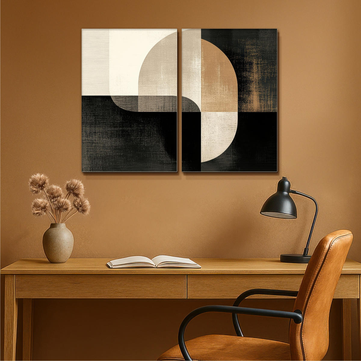 LEINWANDBILD 2er Set Formen - Abstrakt - Gold 80x60 cm - Schwarz, Textil (80/60cm) - MuchoWow