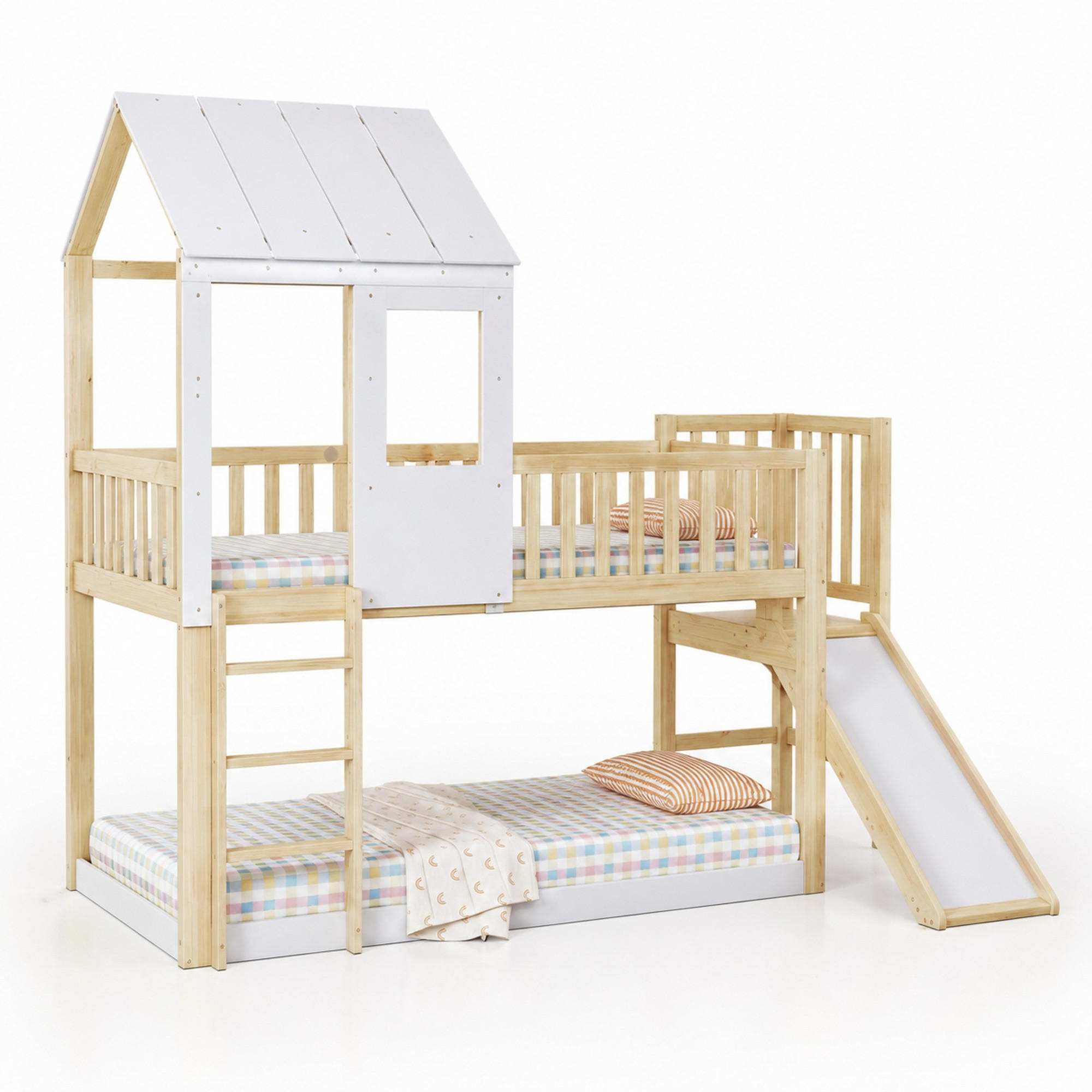 HAUSBETT 90/200 mit Dach, Rutsche und Fallschutz in Natur + Weiß - Weiß/Naturfarben, Holzwerkstoff (90/200cm) - EVRYAE