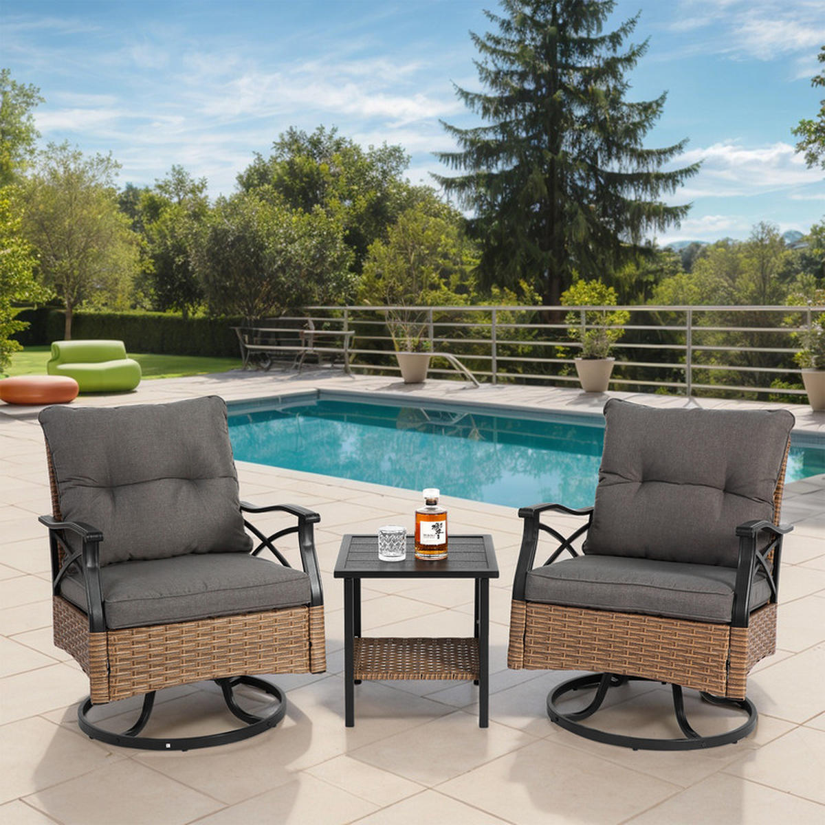 SCHAUKELSTUHL-SET 3-TEILIG BRAUN mit Tisch Wicker 350lbs - Grau, Textil - BLACKCUP