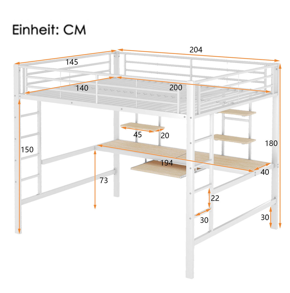 HOCHBETT 140/200 cm aus Metall mit Schreibtisch und 2 Regalen, Weiß - Weiß, Metall (140/200cm) - Flora Grace