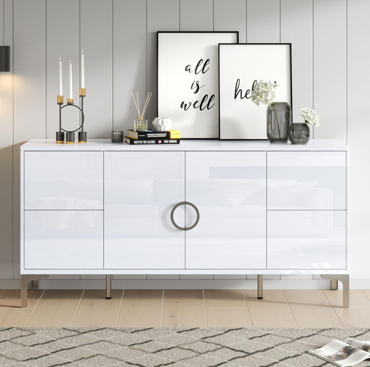 SIDEBOARD 150/38/59,5 cm in Weiß Hochglanz mit 4 Schubladen und 2 Türen - Weiß, Holzwerkstoff (150/59.5/38cm) - Flora Grace