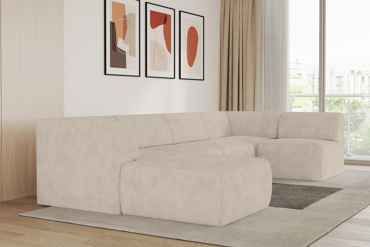 WOHNLANDSCHAFT Ottomane Links MOVO-L 345x180x78 cm Beige Velours - Mokka, Holzwerkstoff/Kunststoff (345/78/180cm) - ALTDECOR