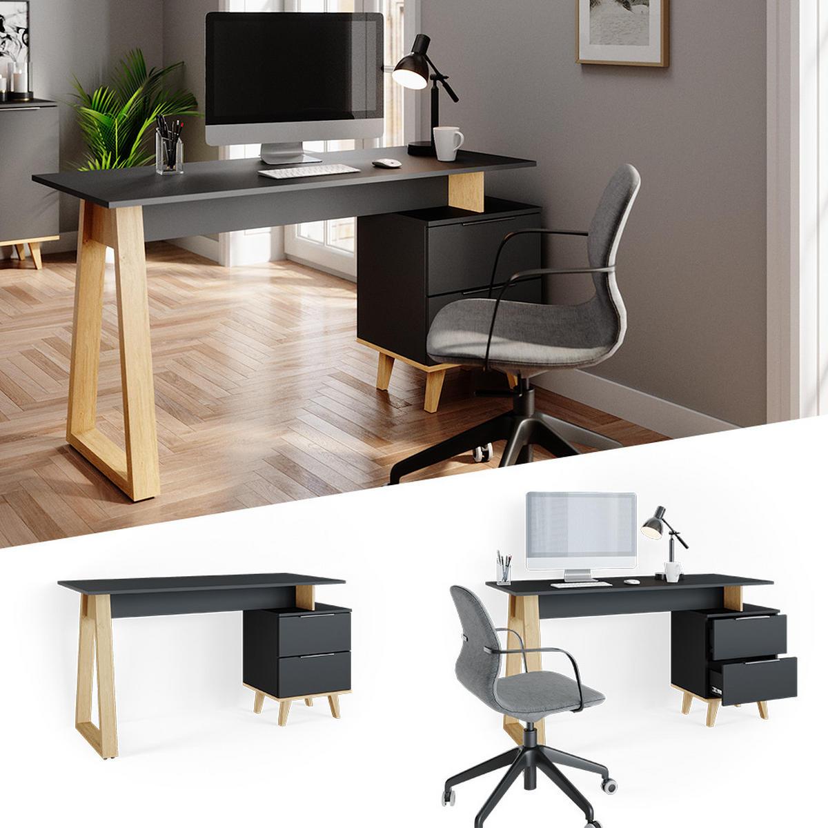 SCHREIBTISCH Nautica Anthrazit 138 x 60 cm mit Schubladen, L - Anthrazit/Buchefarben, Holzwerkstoff (60/138/77cm) - Vicco