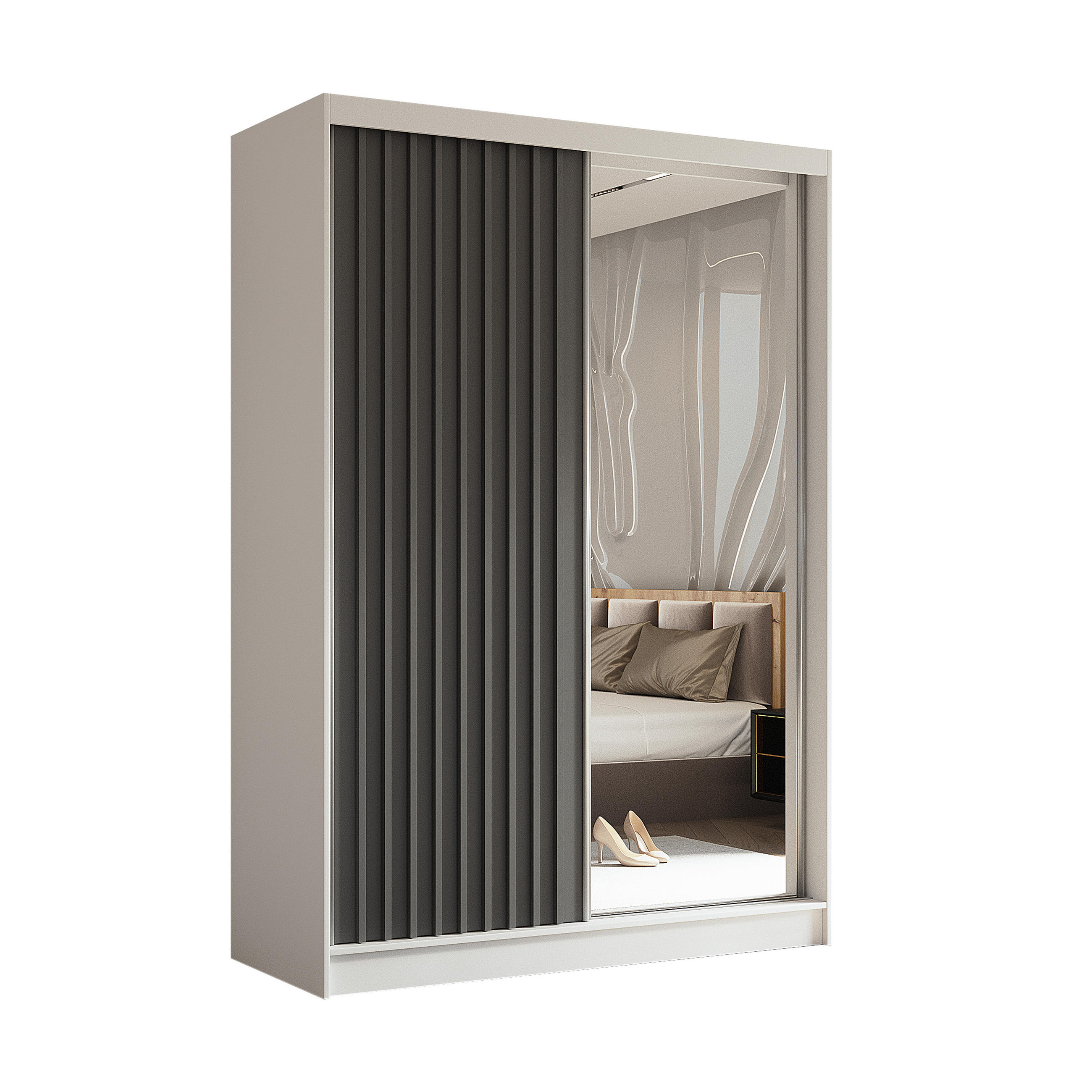 SCHWEBETÜRENSCHRANK LAMELLO 150/216/61 cm 2-türig mit Spiegel Weiß - Weiß/Grau, Holzwerkstoff (150/216/61cm) - MASSENO