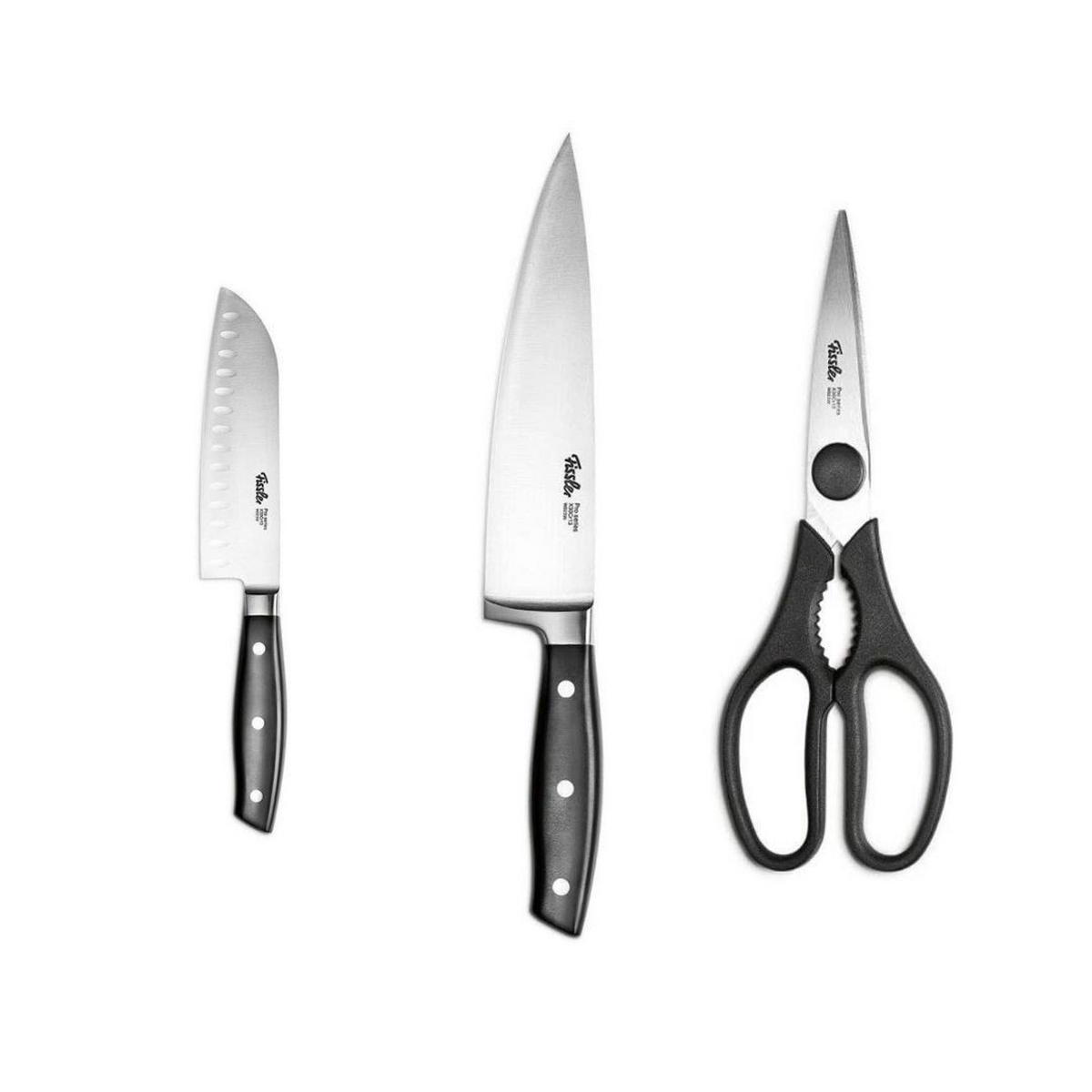 MESSERSET PROFI 3-tlg Santokumesser 16,5 cm Kochmesser 19 cm Küchenschere 20 cm Edelstahl Schwarz - Silberfarben/Schwarz, Kunststoff/Metall - Fissler
