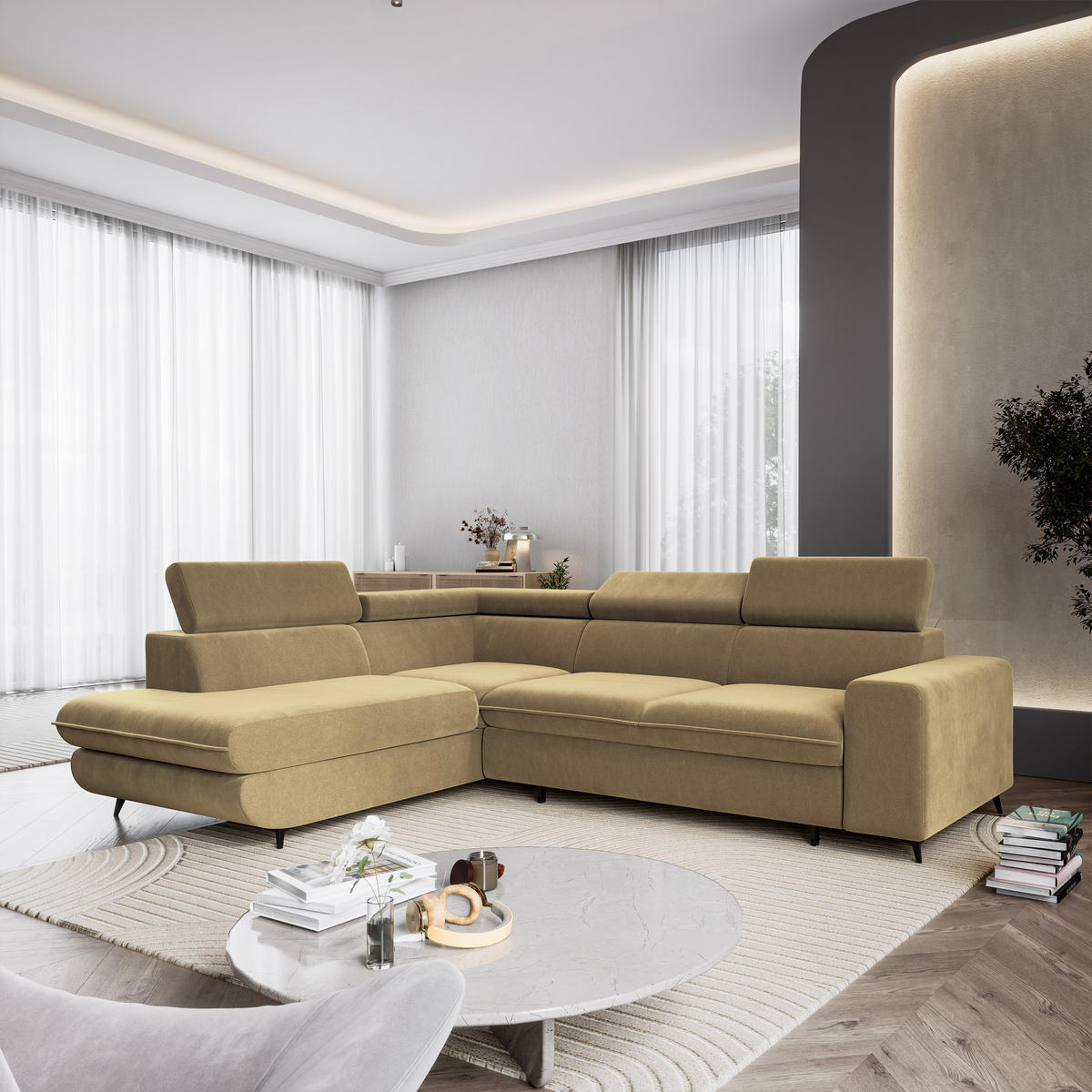 ECKSOFA VELISS Currygelb Veloursstoff mit Schlaffunktion - Currygelb, Holz (255/193cm) - MASSENO