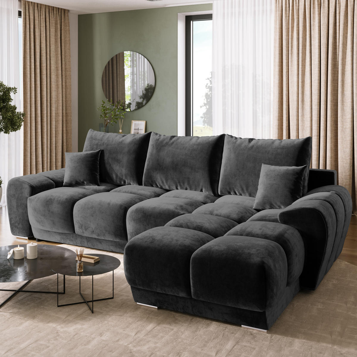 ECKSOFA Nubes mit Schlaffunktion Schwarz - Schwarz Hochglanz/Silberfarben, Kunststoff/Textil (290/180cm) - Bromarkt