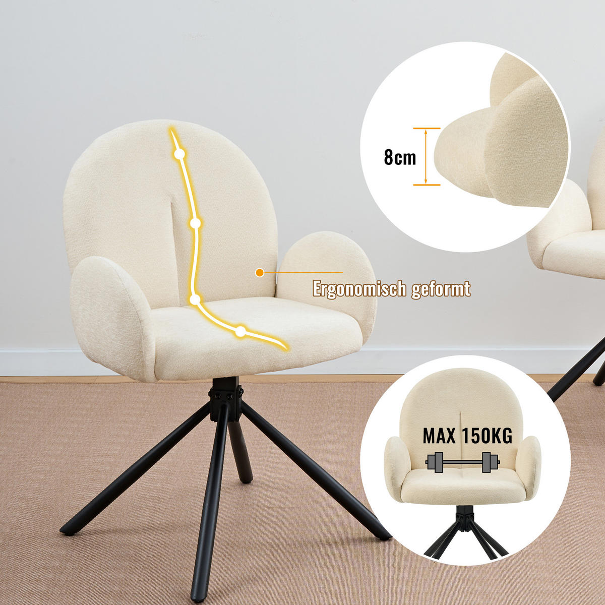 ESSTUHL 2er-Set Cremeweiß Drehbar mit Armlehnen und Samt-Optik - Creme, Metall (53.5/86.5/36cm) - PANGIVO