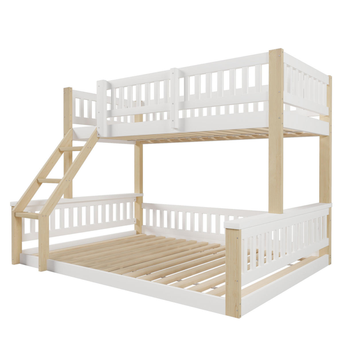 ETAGENBETT aus Kiefer 90x200/140x200 cm Weiß/Natur mit Leiter und Bettgitter, platzsparend - Weiß, Holzwerkstoff (90/200cm) - Modfu