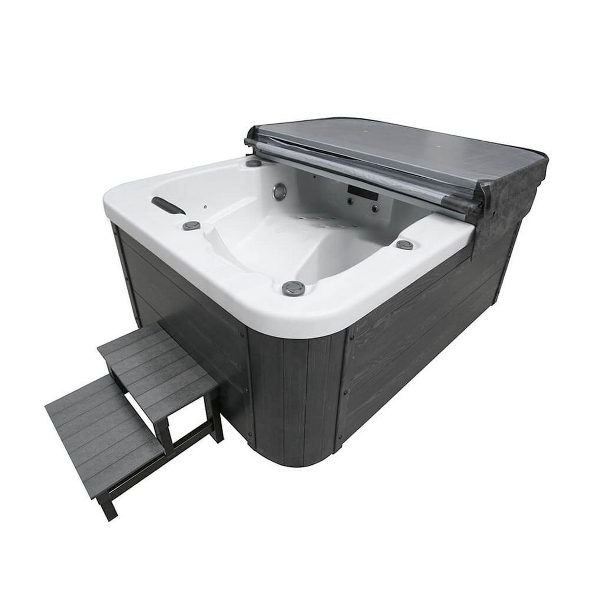OUTDOOR Whirlpool mit Treppe und Thermoabdeckung WHITE MARBLE Anthrazit - 210 x 160 cm für 3 Personen - Anthrazit, Kunststoff (160/80/210cm) - Home Deluxe