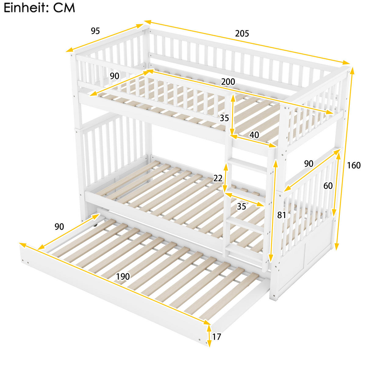 ETAGENBETT 90/200 cm in Weiß mit Ausziehbett und Treppe - Weiß, Holz (90/200cm) - BEAOK
