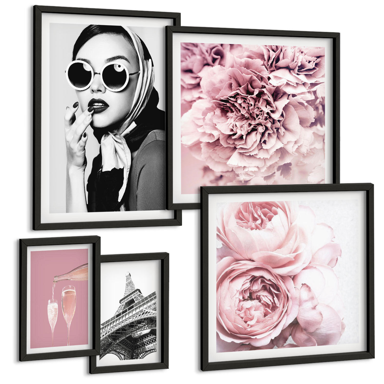 BILDER SET 5er Set - 50x50 cm & 20x30 cm & 40x60 cm Schwarzer Rahmen - Porträts, Eiffelturm-Slogans - Schwarz, Kunststoff (40/60cm) - TULUP