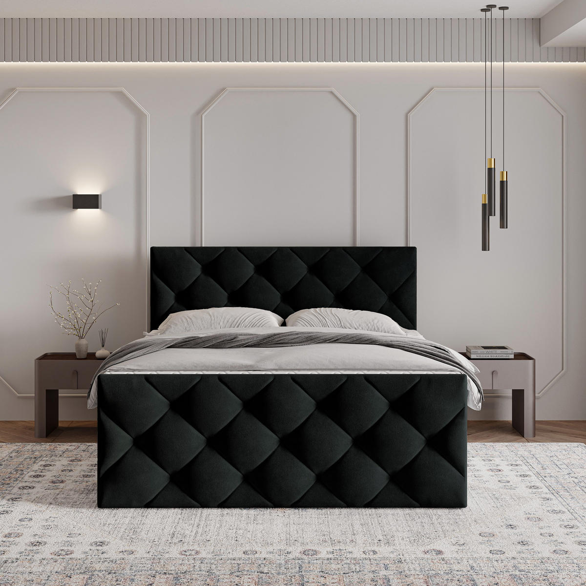 BOXBETT ROVARI 140x200 cm mit Matratze und Topper - Schwarz - Schwarz, Holz (140/200cm) - MASSENO