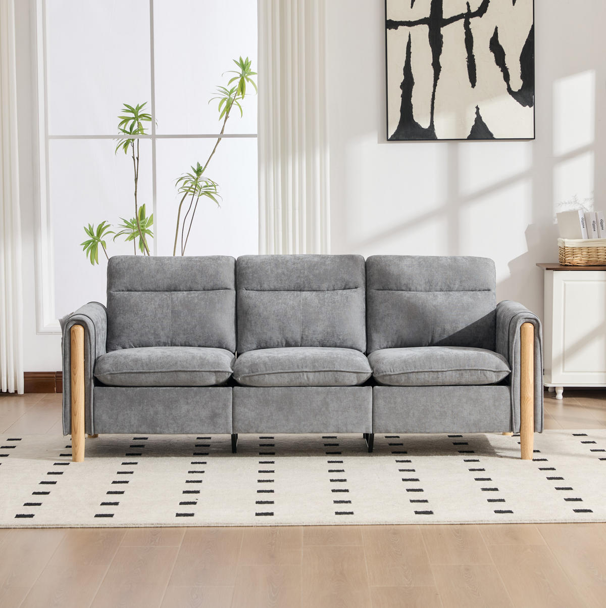 SOFA mit Stauraumhocker L-Form 201 x 77 x 86 cm Chenille Hellgrau - Hellgrau, Holz (77/201cm) - Meubliv