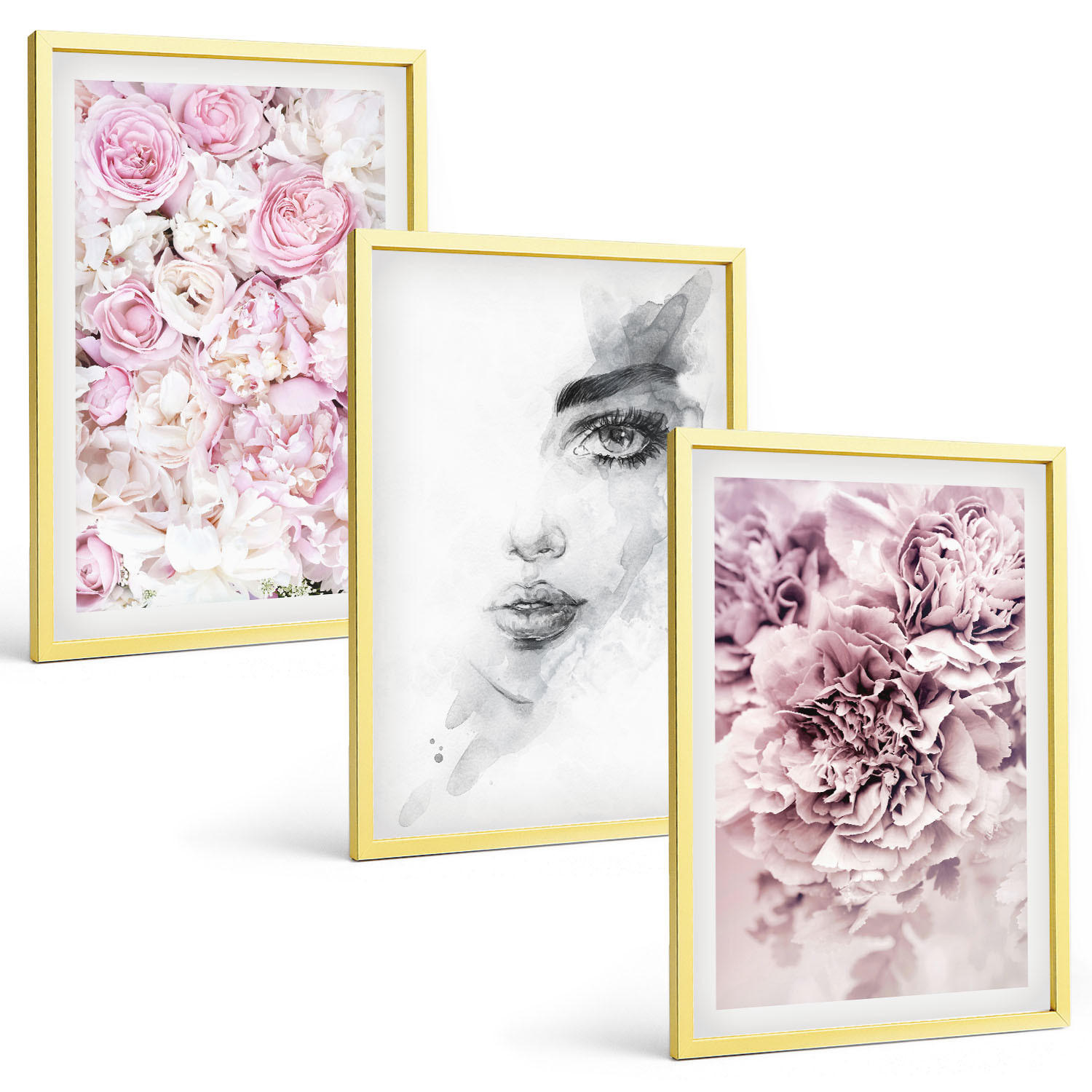 BILDER SET 3er Set - 40x60 cm Goldrahmen - Pfingstrosenporträt einer Frau in Schwarzweiß - Goldfarben, Kunststoff (40/60cm) - TULUP