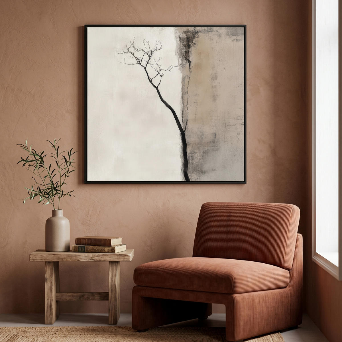 LEINWAND Bilder mit Rahmen - Wabi sabi - Pflanze - Beige - 90x90 - Taupe, Textil (90/90cm) - MuchoWow