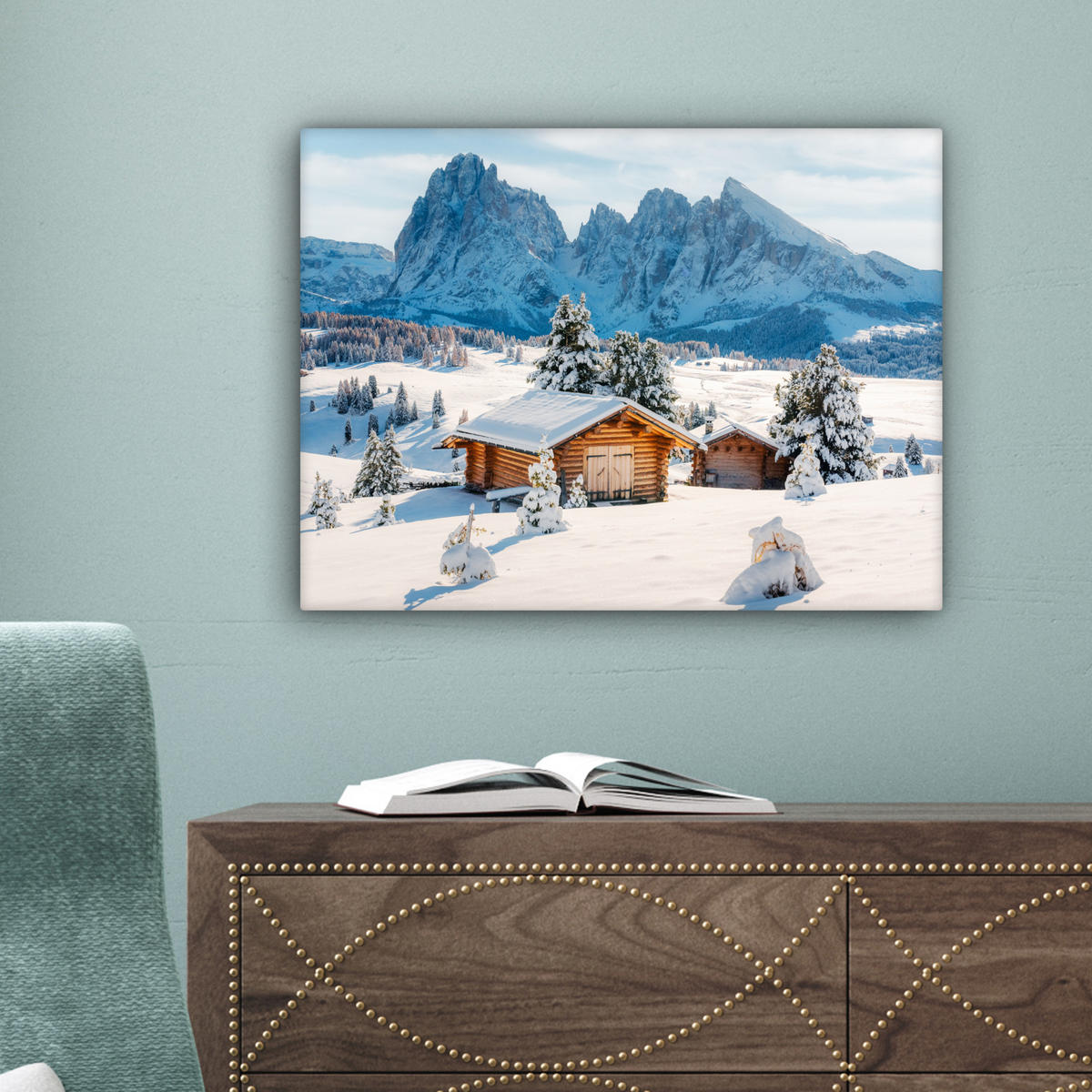 LEINWANDBILD Winter - Hütte - Berge - Aussicht - Schnee 40x30 cm - Eichefarben, Textil (40/30cm) - MuchoWow