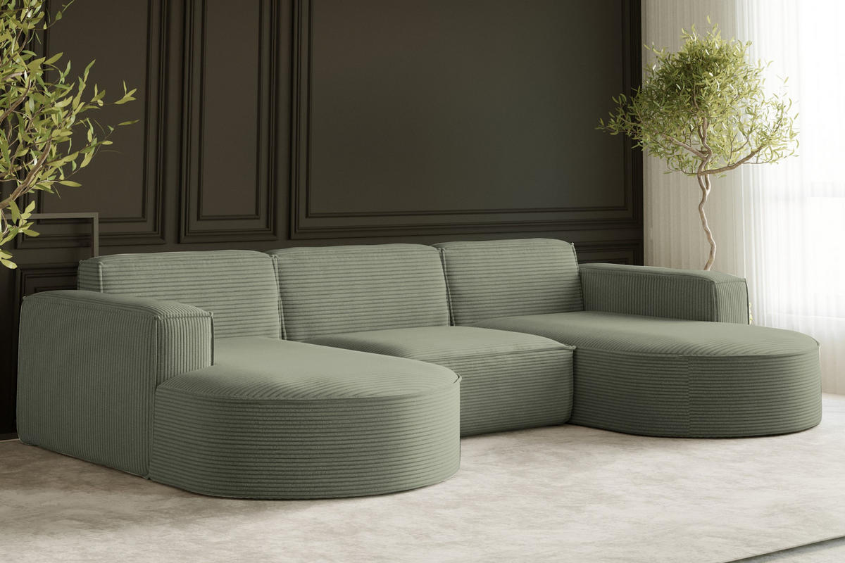 ECKSOFA Designer MODENA U STUDIO Stoff Dicker Cord Hellgrün - Hellgrün, Holz (165/299cm) - Kaiser Möbel