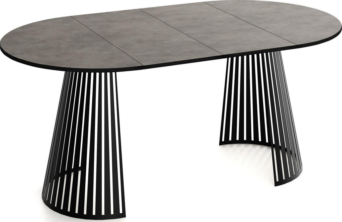 ESSTISCH Naro rund ausziehbar mit Schwarzem Lamellen-Metallgestell, Beton-Optik Dunkelgrau 120-200/120/76 cm - Dunkelgrau/Schwarz, Holzwerkstoff/Metall (120/196/76cm) - WFL GROUP