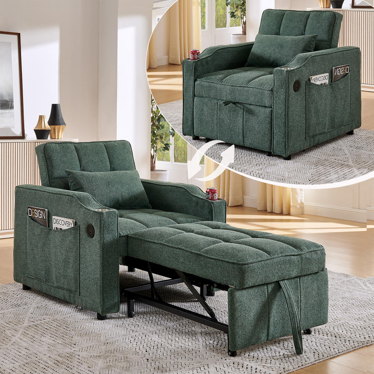 RELAXSESSEL 190/85/86 cm Grün mit USB-/Typ-C-Anschluss und Seitentasche - Grün, Textil (190/86/85cm) - Oxeza