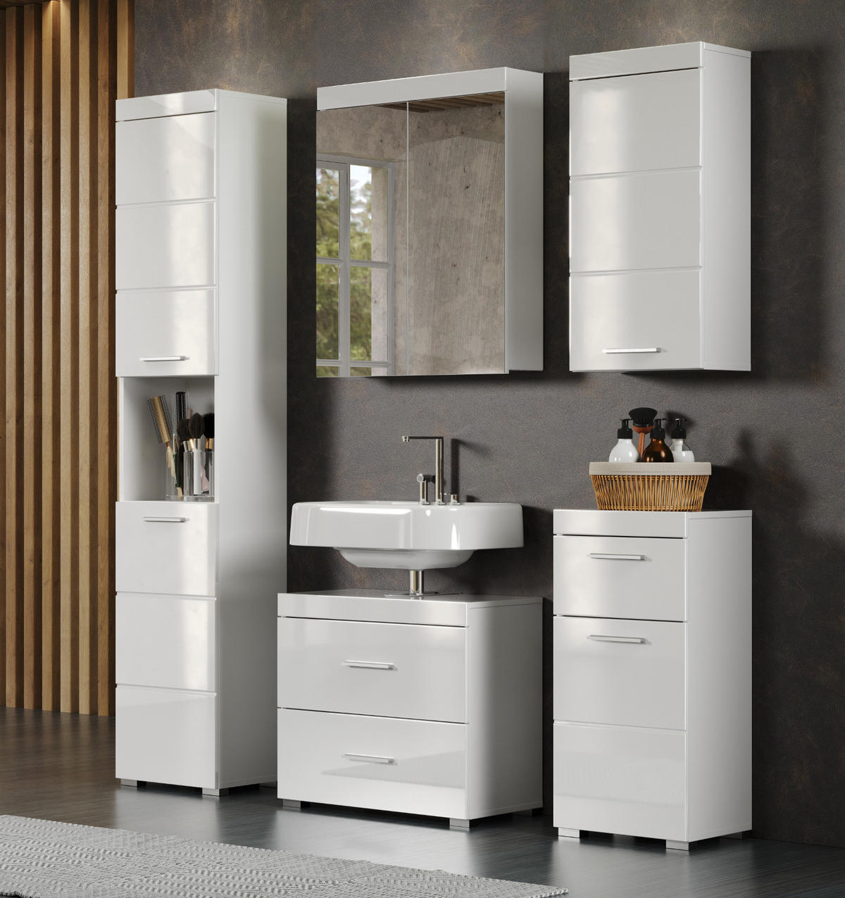 BADMÖBEL-SET weiß Hochglanz 5-teilig 163 x 190 cm, moderne Badezimmer-Schränke - Weiß Hochglanz/Alufarben, Glas/Holzwerkstoff (163/190/34cm) - Top.Furn