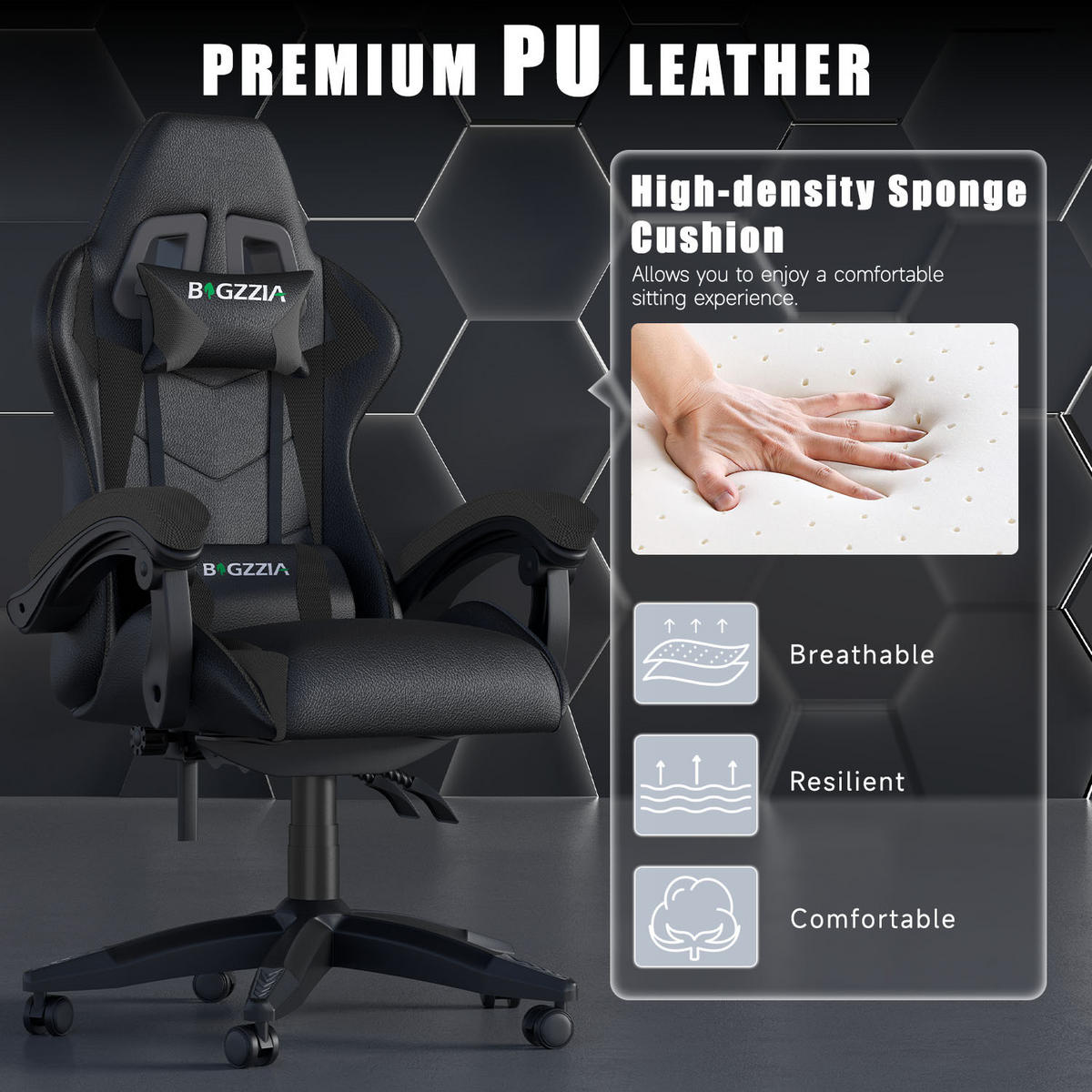GAMING-STUHL ergonomisch, verstellbare Rückenlehne, Kissen – Schwarz - Schwarz, Leder (59/120/56cm) - Rattantree