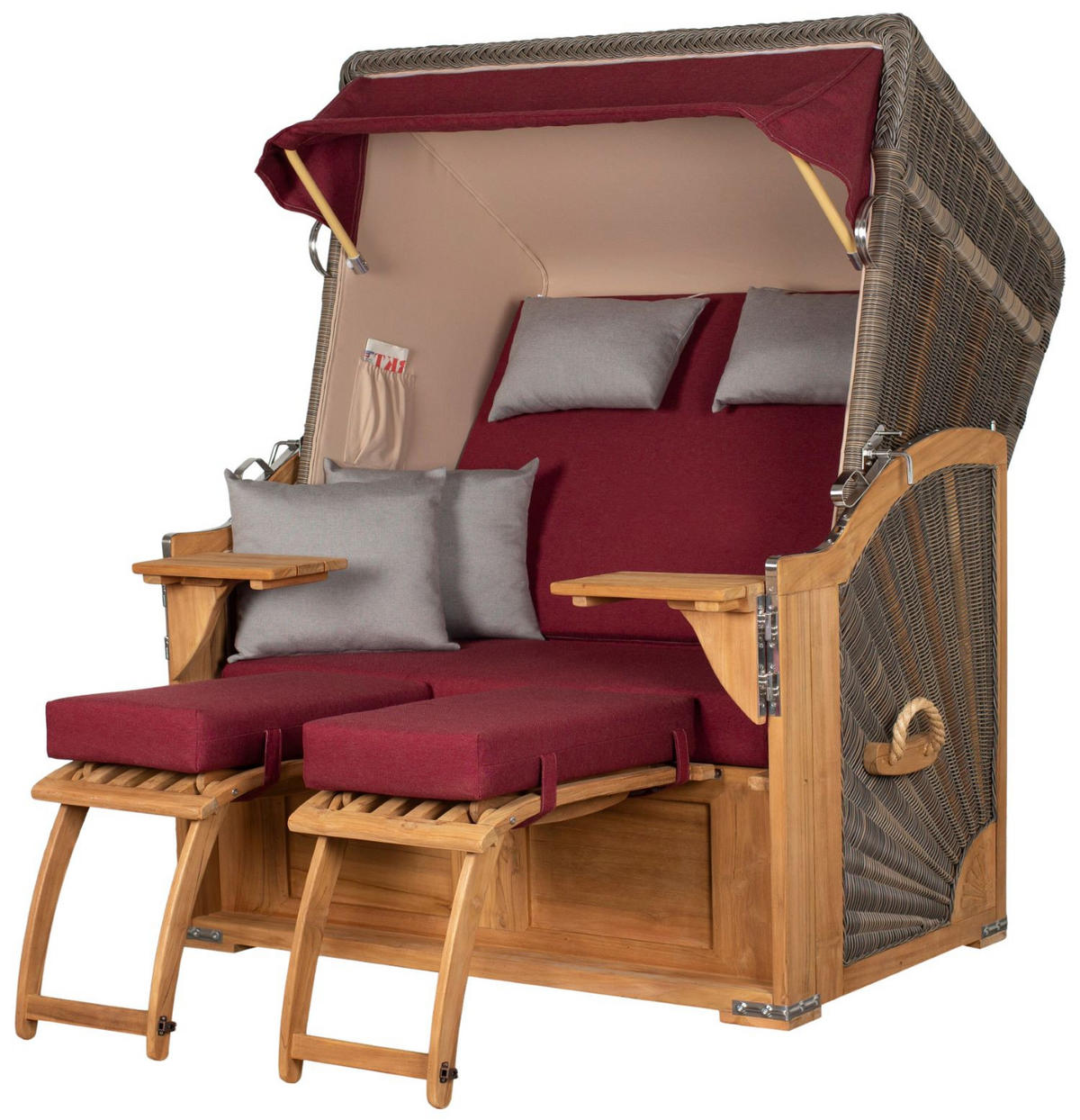 STRANDKORB Komplettset: Schaalsee Teak - PE grau - Modell 594 - Rot/Grau, Holz/Kunststoff (125/170/80cm) - bene living