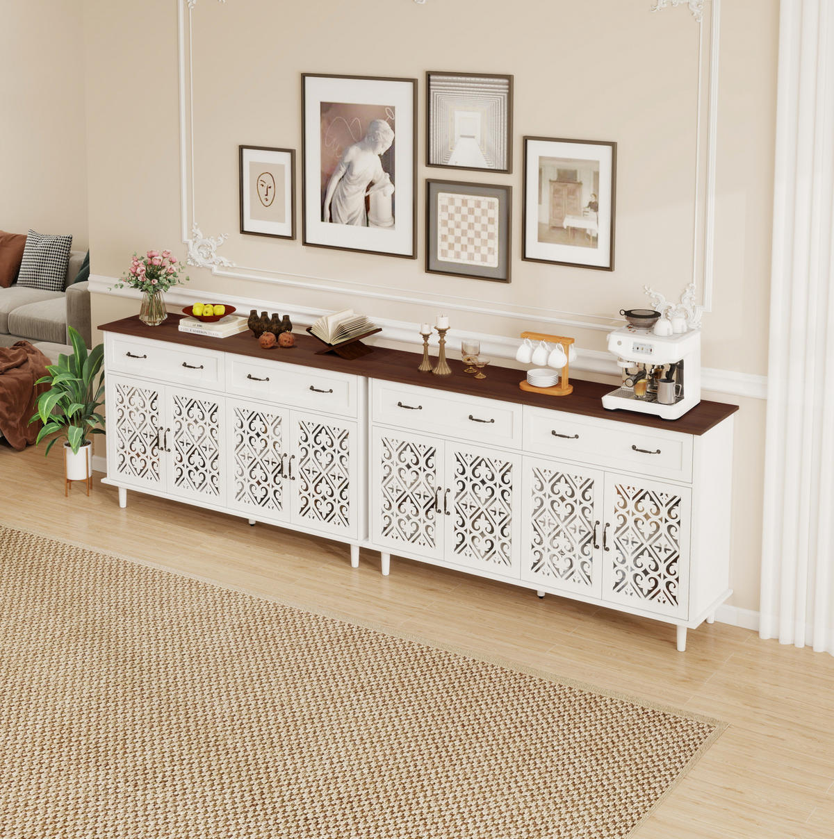SIDEBOARD aus Holzwerkstoff mit geschnitzten Türen, Schubladen und verstellbaren Einlegeböden Weiß - Weiß, Holzwerkstoff (150/90.3/40cm) - Modenvie