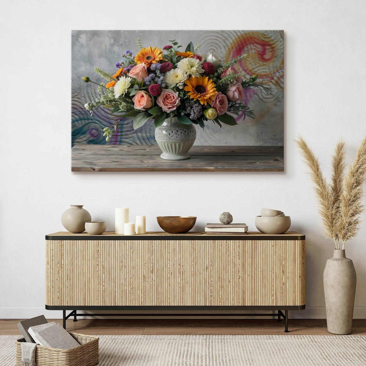 LEINWANDBILD für Wohnzimmer Blumenstrauß in Vase Ornamenten 70cm x 50cm - Blau/Beige, Textil (70/50cm) - Muralo