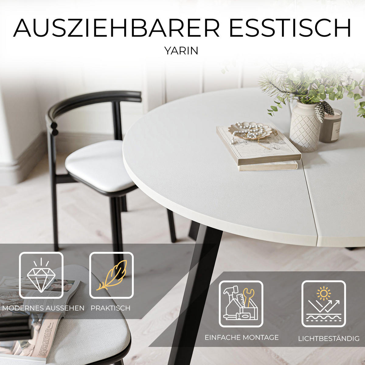 TISCH Schwarze Beine, MDF Tischplatte, Arktisches Weiß - Schwarz/Weiß, Holzwerkstoff (100/100/76cm) - Idohome