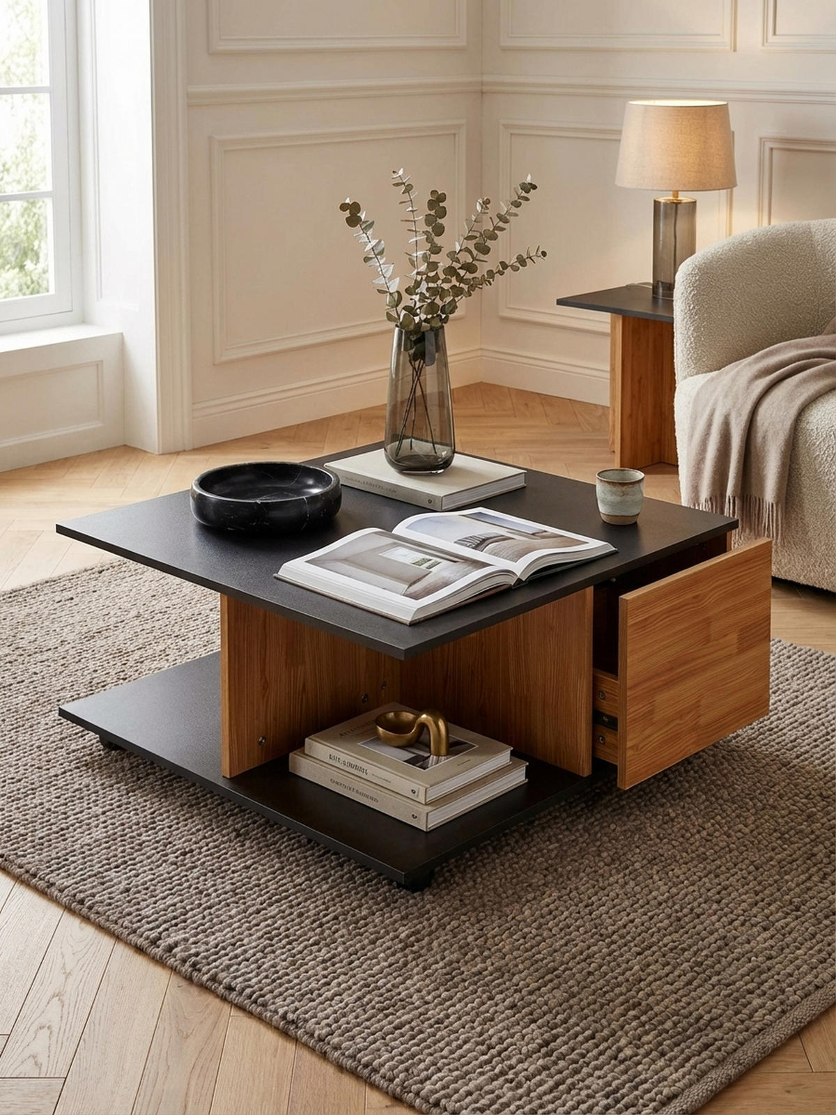 COUCHTISCH mit Rollen, Melaminharzbeschichtung und 2 Schubladen, Anthrazit 70x70x36 cm - Anthrazit/Schwarz, Holz (70/70/36cm) - KADIMA DESIGN