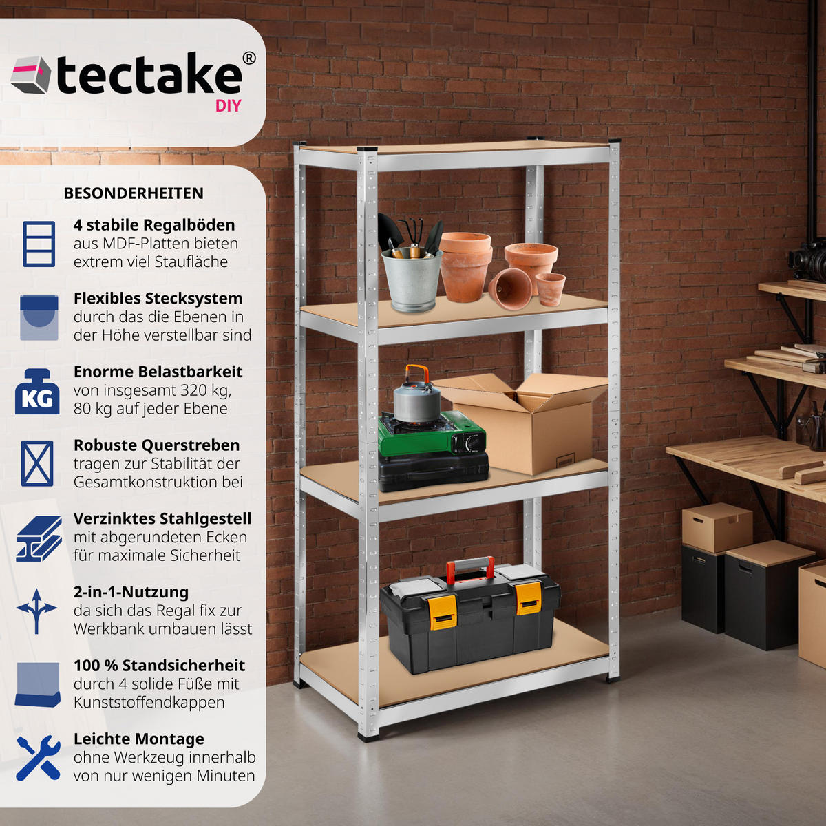SCHWERLASTREGAL ,schnelle Montage,silber - Silberfarben, Metall (40/160/80cm) - tectake