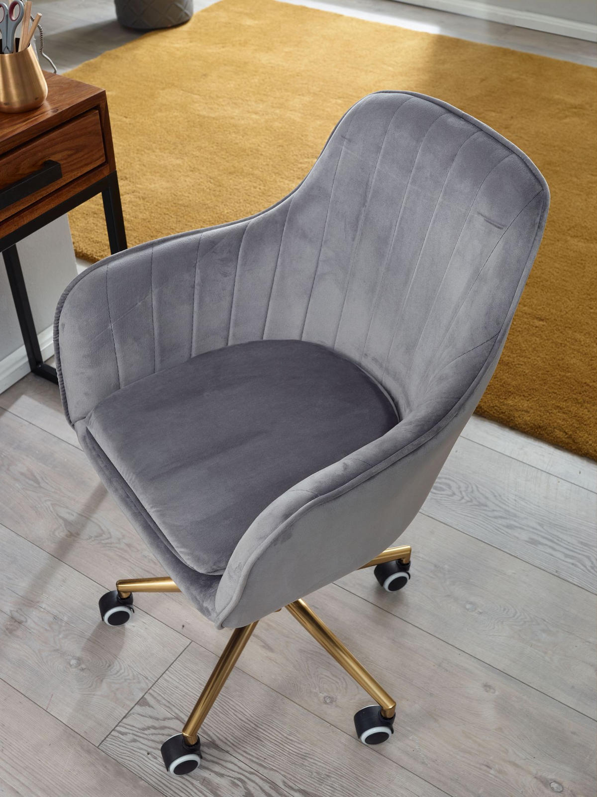 SCHALENSTUHL Samt mit Metallfußkreuz und 360° Drehfunktion SANDRA, Grau 54x52x105 cm - Goldfarben/Grau, Textil/Metall (54/105/52cm) - KADIMA DESIGN